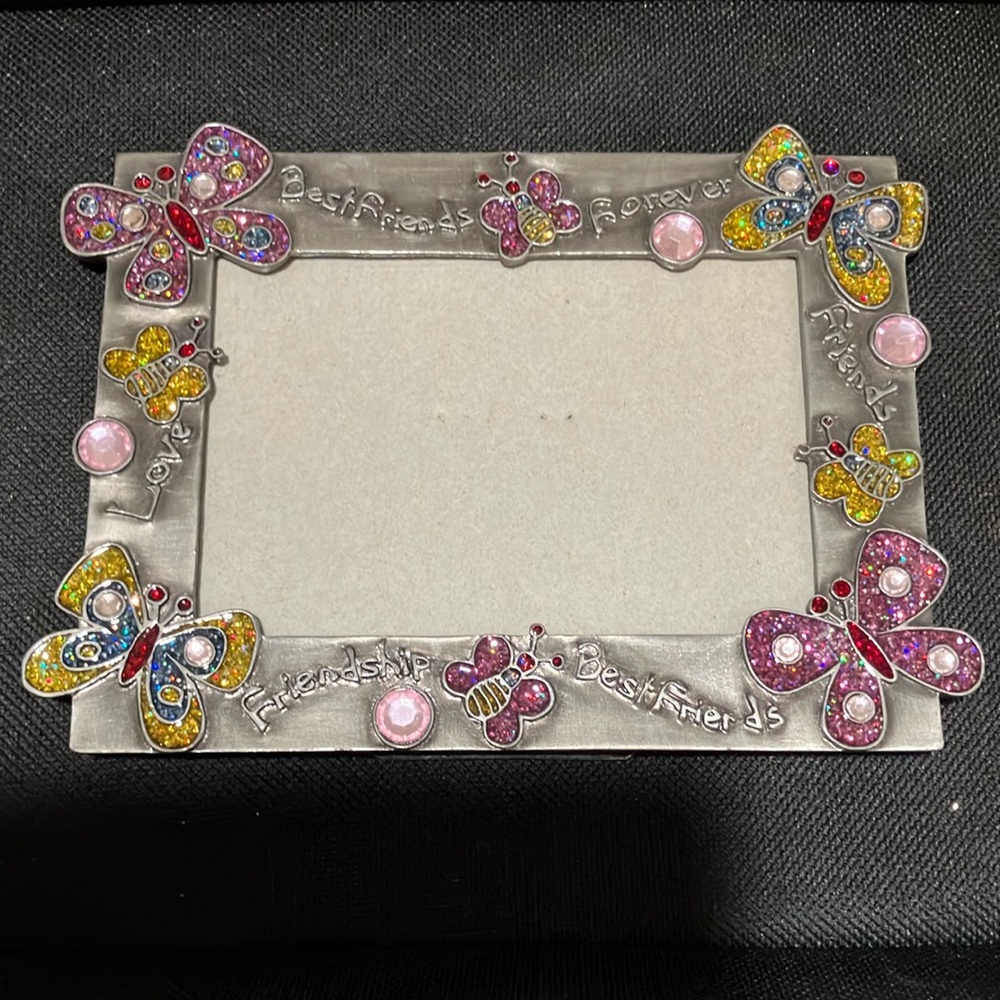 Pink and Yellow Pewter Butterfly Photo Frame with Rhinestone Accents